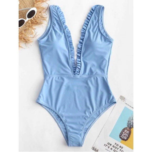 Zaful Other - ZAFUL  nwot blue ruffle plunge one piece swimsuit xl
